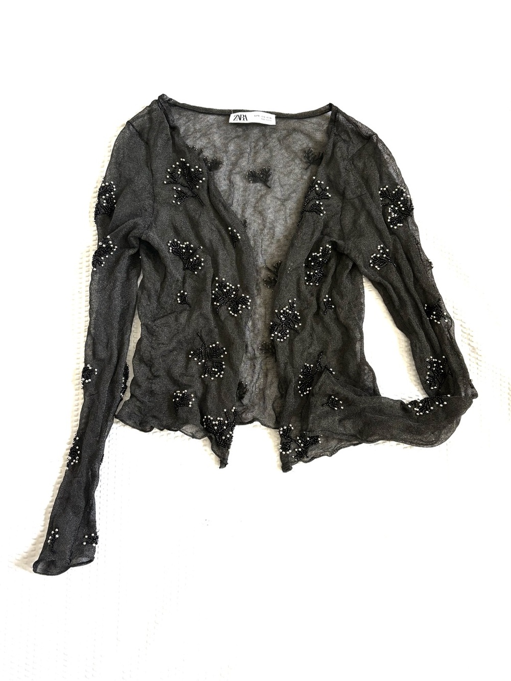 Zara Sheer Embellished Black Mesh Open-Front Cardigan - Small - Picture 1 of 8